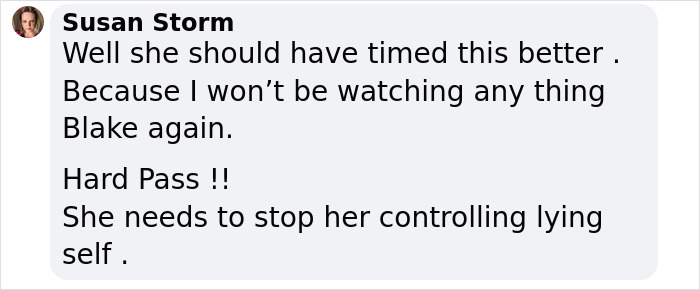 Comment about Blake Lively's alleged drama with co-star, expressing dissatisfaction and refusal to watch her work. Comment about Blake Lively's alleged drama with co-star, expressing dissatisfaction and refusal to watch her work.
