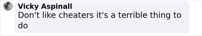 Vicky Aspinall's comment disliking cheaters, emphasizes its negativity. Vicky Aspinall's comment disliking cheaters, emphasizes its negativity.