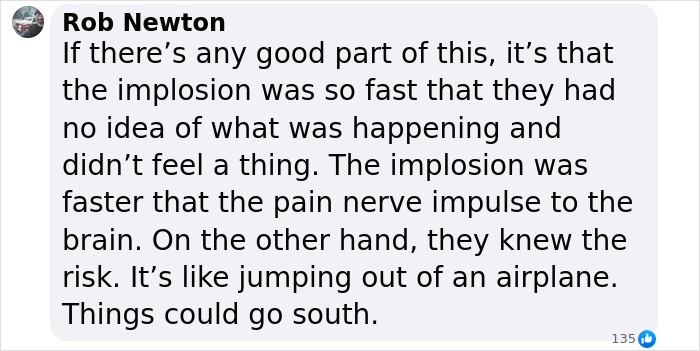 Text exchange about Titan Sub's last moments, mentioning the rapid implosion and risks likened to skydiving. Text exchange about Titan Sub's last moments, mentioning the rapid implosion and risks likened to skydiving.