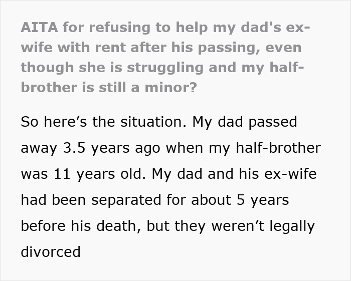 Text screenshot discussing a dad's ex-wife and son needing rent help; daughter contemplates if refusal makes her a jerk. Text screenshot discussing a dad's ex-wife and son needing rent help; daughter contemplates if refusal makes her a jerk.