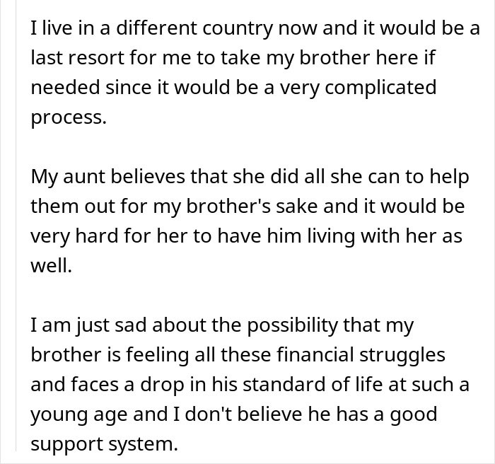 Text discussing brother's financial struggles and lack of support, relating to dad's ex-wife and son seeking rent help. Text discussing brother's financial struggles and lack of support, relating to dad's ex-wife and son seeking rent help.