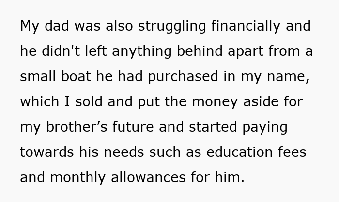 Text about financial struggles and saving for brother's future, related to a situation involving dad's ex-wife and son. Text about financial struggles and saving for brother's future, related to a situation involving dad's ex-wife and son.