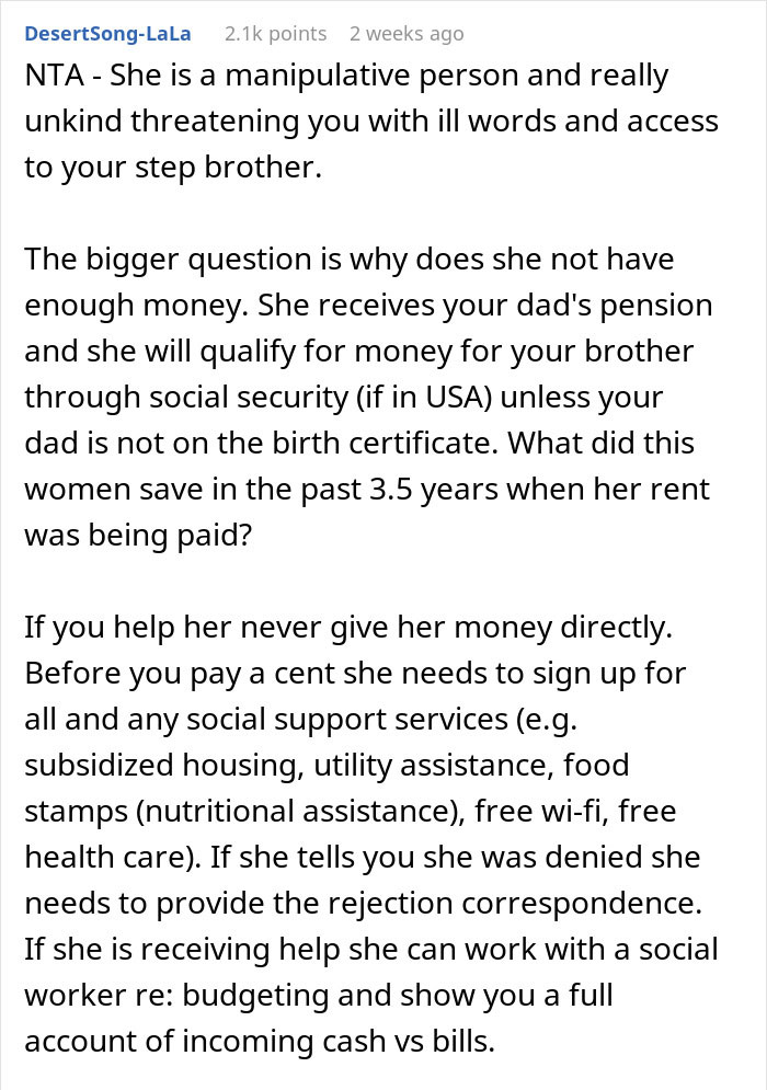 Text conversation about dad's ex-wife and son asking for rent help; daughter considers refusal. Text conversation about dad's ex-wife and son asking for rent help; daughter considers refusal.