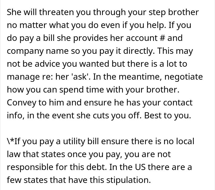 Text discussing advice on managing payments and contact with a stepbrother; involves dad’s ex-wife and rent concerns. Text discussing advice on managing payments and contact with a stepbrother; involves dad’s ex-wife and rent concerns.