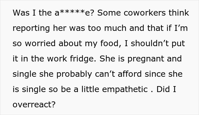 Text discussing a situation with a pregnant coworker upset over food in a shared work fridge. Text discussing a situation with a pregnant coworker upset over food in a shared work fridge.