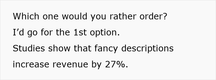 Fancy descriptions boost restaurant revenue by 27%, influencing customer choices. Fancy descriptions boost restaurant revenue by 27%, influencing customer choices.