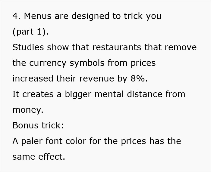 Text explaining how restaurants manipulate spending with menu design. Text explaining how restaurants manipulate spending with menu design.