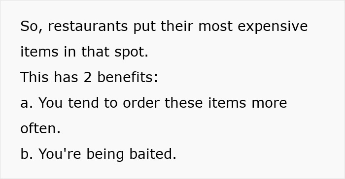 Text describing how restaurants manipulate ordering habits with menu placement strategies. Text describing how restaurants manipulate ordering habits with menu placement strategies.