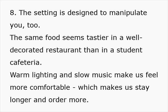 Text about restaurant settings designed to manipulate spending, emphasizing decor, lighting, and music. Text about restaurant settings designed to manipulate spending, emphasizing decor, lighting, and music.