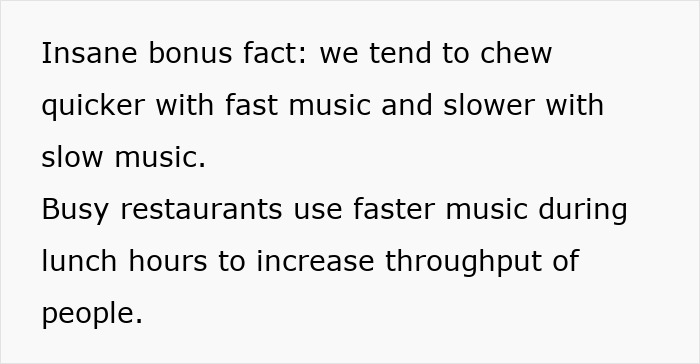 Text explaining how restaurants use music speed to manipulate customer behavior. Text explaining how restaurants use music speed to manipulate customer behavior.