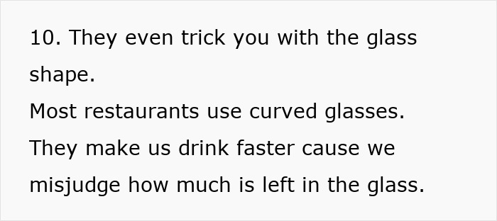 Text about how restaurants manipulate customers using curved glasses. Text about how restaurants manipulate customers using curved glasses.