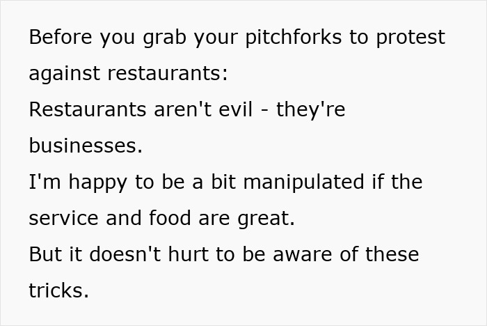 Text discussing restaurant manipulation, emphasizing awareness of spending tricks. Text discussing restaurant manipulation, emphasizing awareness of spending tricks.