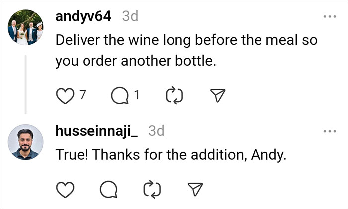 Comments on restaurant manipulation tactics, discussing wine serving strategy. Comments on restaurant manipulation tactics, discussing wine serving strategy.