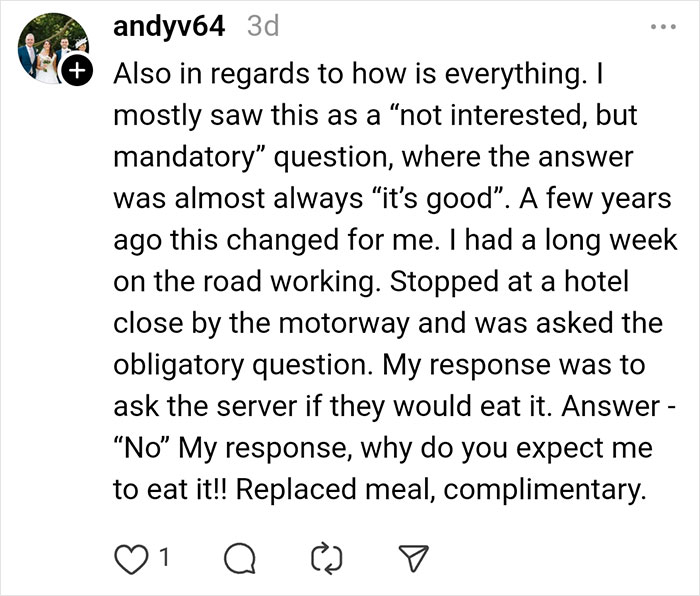 Text post about a restaurant experience and questioning a server's recommendation. Text post about a restaurant experience and questioning a server's recommendation.