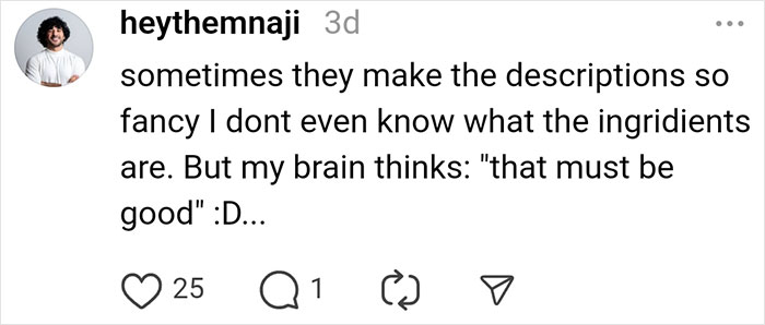 Social media post about how restaurants manipulate descriptions to entice spending. Social media post about how restaurants manipulate descriptions to entice spending.