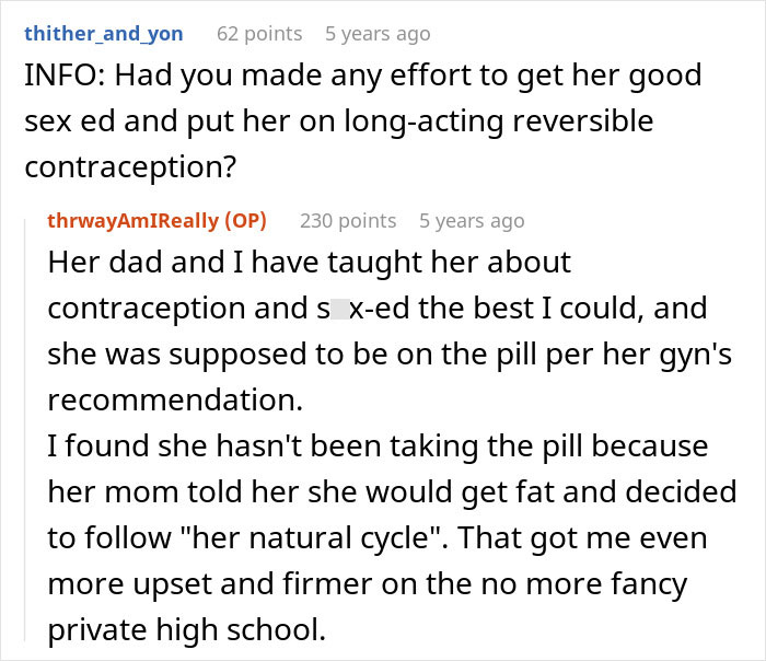 Reddit discussion about teen mom's birth control education and conflicting advice from mother and stepmom. Reddit discussion about teen mom's birth control education and conflicting advice from mother and stepmom.