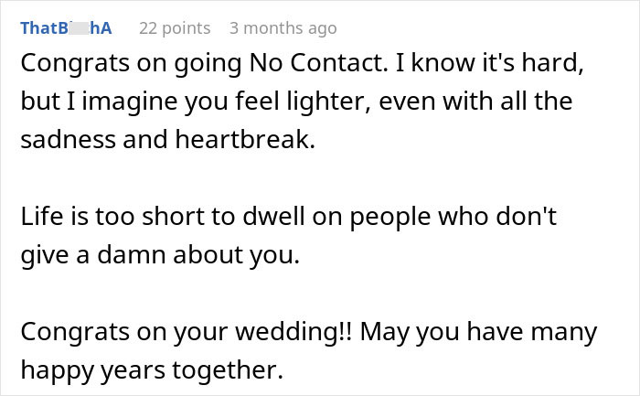Text post supporting a daughter's decision to go no contact, offering encouragement for her wedding happiness. Text post supporting a daughter's decision to go no contact, offering encouragement for her wedding happiness.