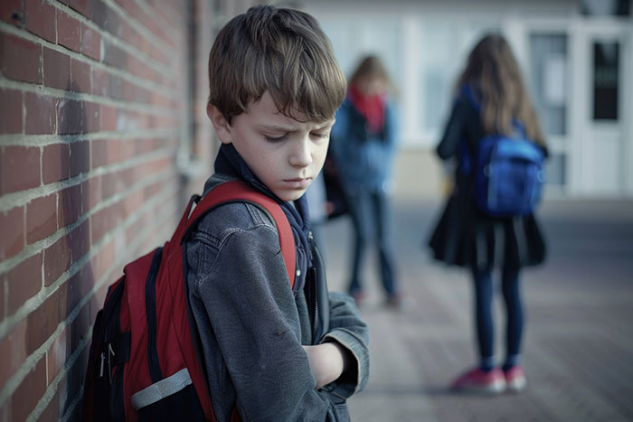 Young boy with a red backpack looks down, standing alone by a brick wall, symbolizing an iPad kid's isolated youth. Young boy with a red backpack looks down, standing alone by a brick wall, symbolizing an iPad kid's isolated youth.