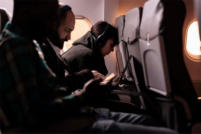 Passengers seated on an airplane, with headphones, viewed from the aisle. Passengers seated on an airplane, with headphones, viewed from the aisle.