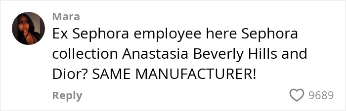 Comment from a former Sephora employee revealing brand manufacturing secrets with high user engagement. Comment from a former Sephora employee revealing brand manufacturing secrets with high user engagement.