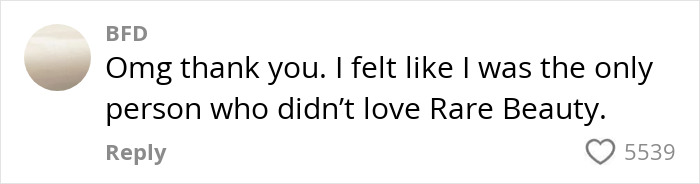 Comment expressing relief about Sephora products and Rare Beauty. Comment expressing relief about Sephora products and Rare Beauty.