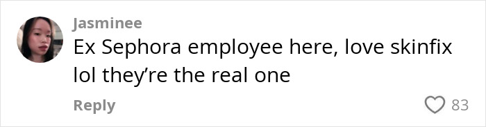 Comment by ex-Sephora employee praising Skinfix products. Comment by ex-Sephora employee praising Skinfix products.