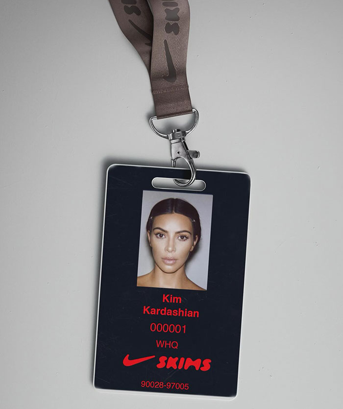 Kim Kardashian Skims ID card with lanyard, showing her photo and details. Kim Kardashian Skims ID card with lanyard, showing her photo and details.