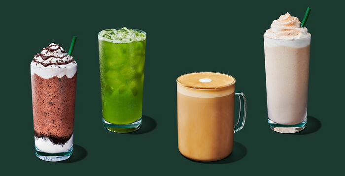 Starbucks menu update featuring four diverse drinks against a dark green background. Starbucks menu update featuring four diverse drinks against a dark green background.