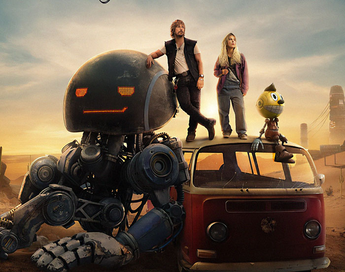 A large robot and two characters on a retro van for the Electric State film premiere. A large robot and two characters on a retro van for the Electric State film premiere.