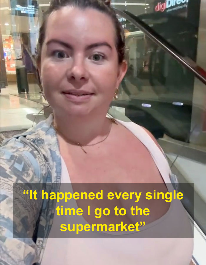 Woman with G-cup in a shopping center, addressing comments on her appearance. Woman with G-cup in a shopping center, addressing comments on her appearance.
