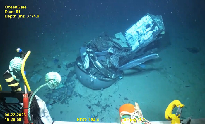 Debris of Titan sub at ocean floor, highlighting its eerie last moments, captured in deep-sea exploration dive. Debris of Titan sub at ocean floor, highlighting its eerie last moments, captured in deep-sea exploration dive.