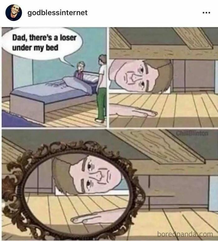 A meme shows a reflection under a bed, humorously labelled "loser," from God Bless Internet.