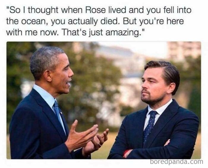 Two men in suits having a humorous conversation outdoors, reflecting a funny internet meme.