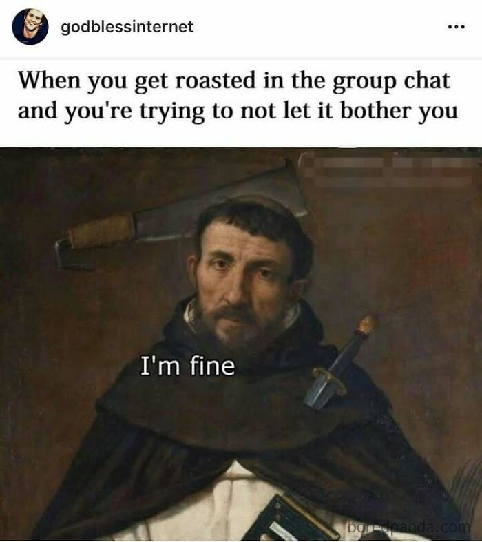 A humorous meme of a man with swords, captioned "I'm fine".