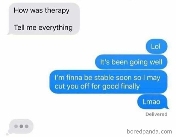 Text chat meme with a humorous reply about therapy progress, illustrating random internet humor.