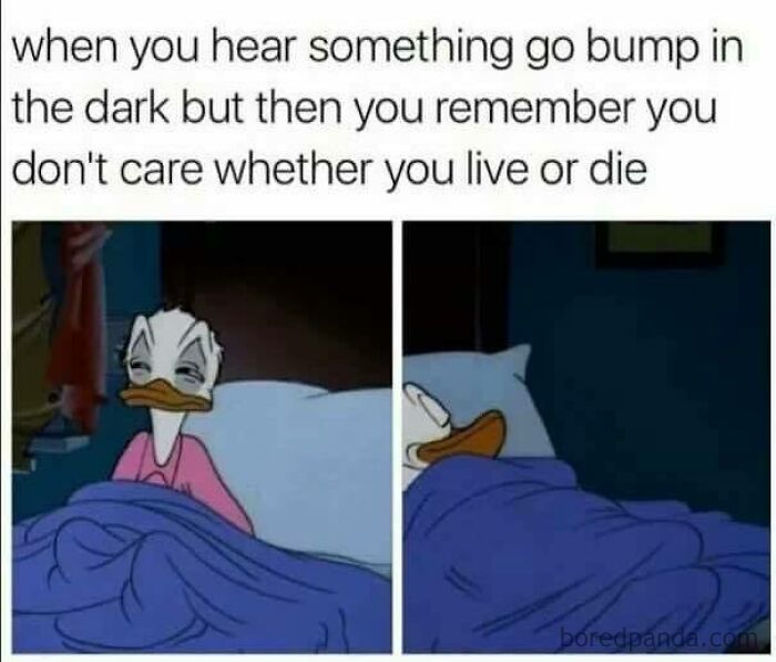Duck character lying in bed, humorously indifferent to noises, illustrating random memes.