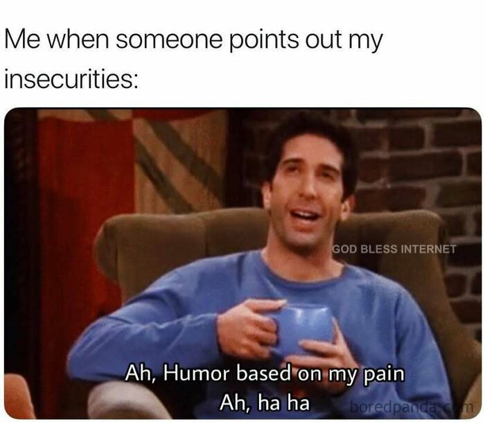 Man with a blue cup laughing awkwardly, text overlay humorously noting insecurities; from God Bless Internet memes.