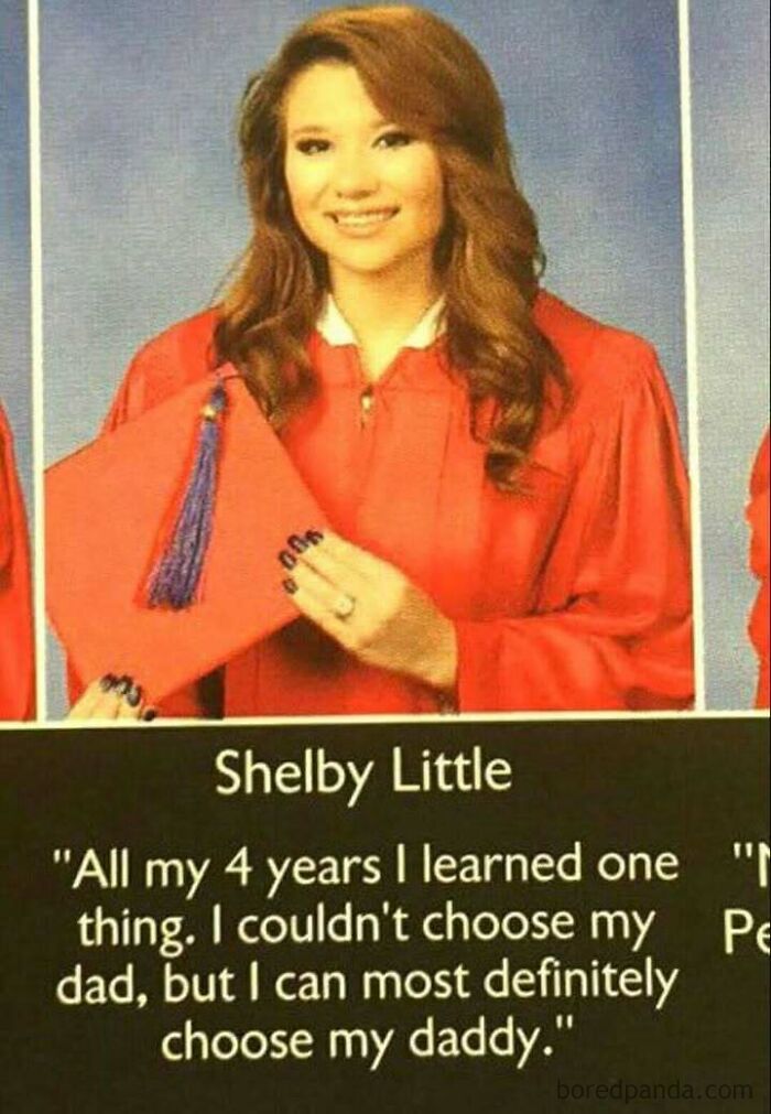 Graduate in cap and gown with a funny quote about choosing her "daddy," showcasing random memes humor.