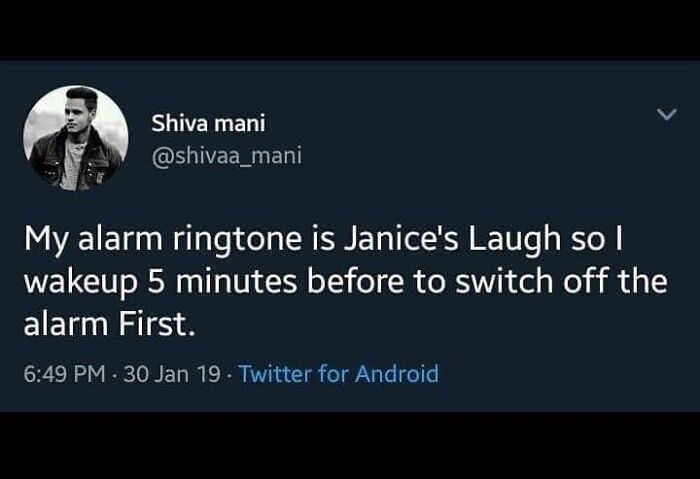 Funny meme tweet about alarm ringtone and waking up early to avoid the sound.
