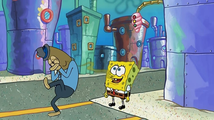 SpongeBob laughing at a fish character covering its nose, showcasing common hygiene habits related to being stinky.