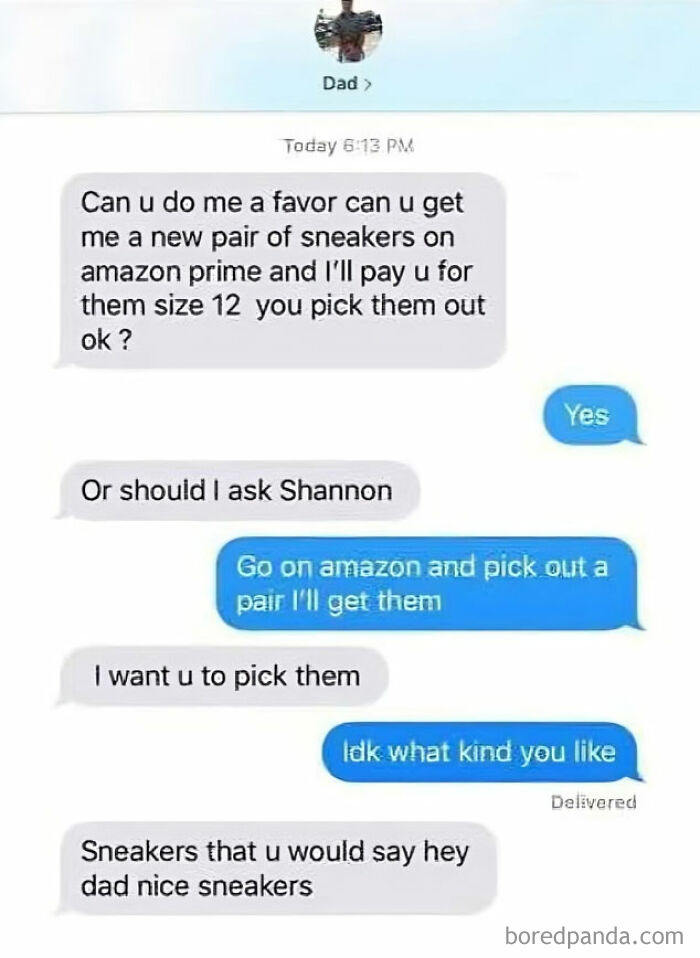 Text messages of dad humor about buying sneakers, exemplifying uplifting memes and positivity.