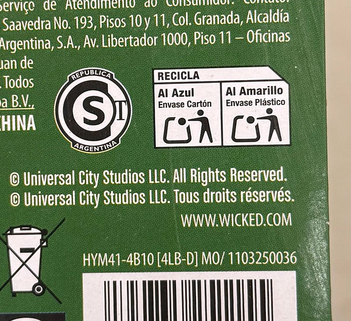 Inappropriate kids' toy packaging text with recycling instructions and copyright details. Inappropriate kids' toy packaging text with recycling instructions and copyright details.