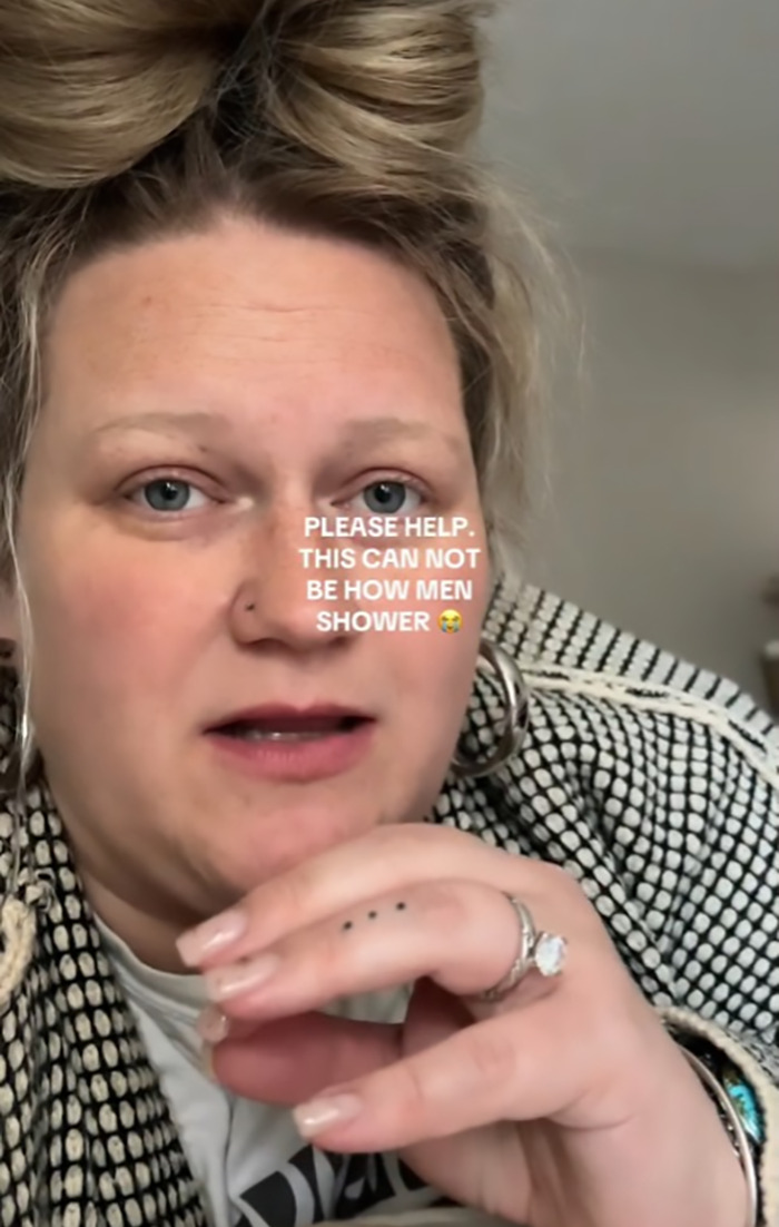 Woman reacting to a viral clip about how her husband showers, with text overlay expressing disbelief. Woman reacting to a viral clip about how her husband showers, with text overlay expressing disbelief.