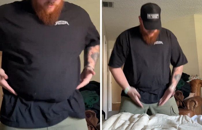 Man in a black shirt and hat standing in a bedroom, questioning shower habits in a viral clip. Man in a black shirt and hat standing in a bedroom, questioning shower habits in a viral clip.