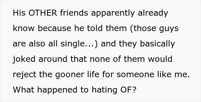 Text discussing a rejected proposal to a Zoomer friend, mentioning single friends and "gooner life" humor. Text discussing a rejected proposal to a Zoomer friend, mentioning single friends and "gooner life" humor.