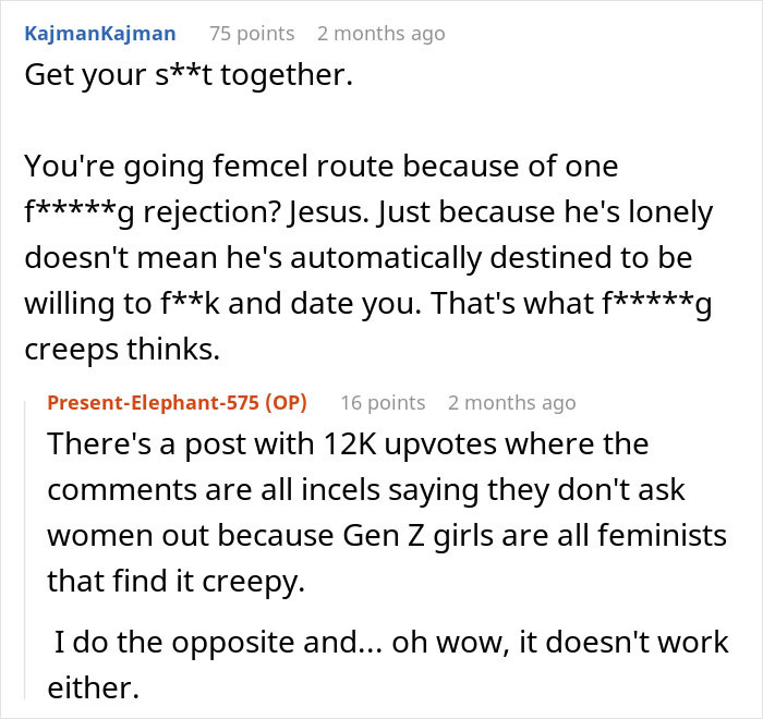 Reddit exchange about rejection from a Zoomer friend, discussing dating expectations and stereotypes in comments. Reddit exchange about rejection from a Zoomer friend, discussing dating expectations and stereotypes in comments.