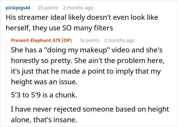 Reddit comments about a Zoomer friend's rejection over height issues and makeup filters. Reddit comments about a Zoomer friend's rejection over height issues and makeup filters.