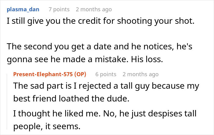 Text exchange discussing dating advice with comments about rejection and friends. Text exchange discussing dating advice with comments about rejection and friends.