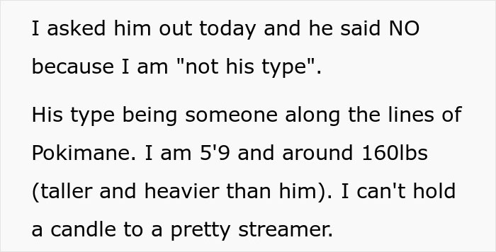Text detailing a rejection after asking out a "lonely" Zoomer friend who prefers a different type. Text detailing a rejection after asking out a "lonely" Zoomer friend who prefers a different type.