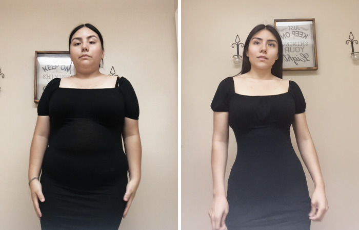 Sara Conde showcases weight loss transformation by changing lifestyle, wearing a black dress in before-and-after photos. Sara Conde showcases weight loss transformation by changing lifestyle, wearing a black dress in before-and-after photos.